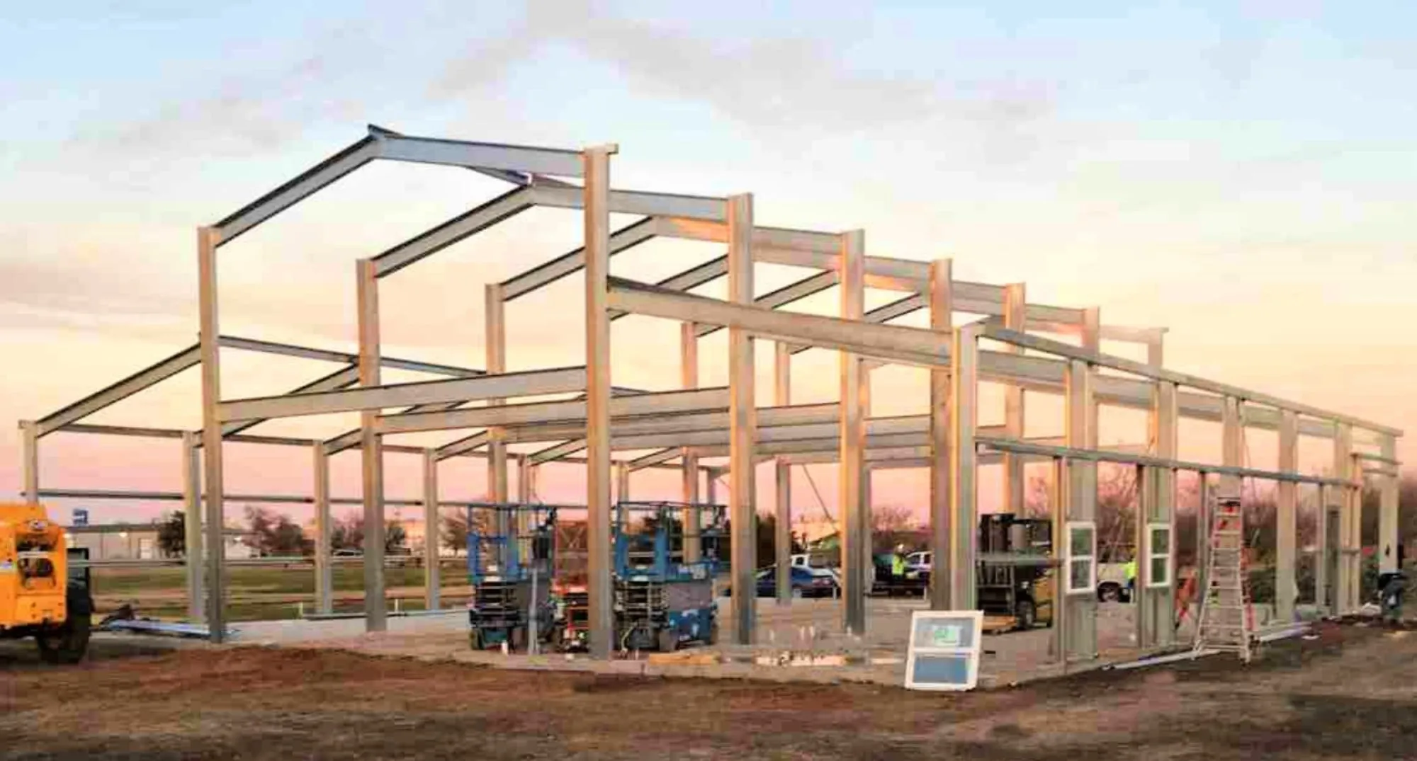 Pre-engineered metal building steel frames erected on a concrete slab