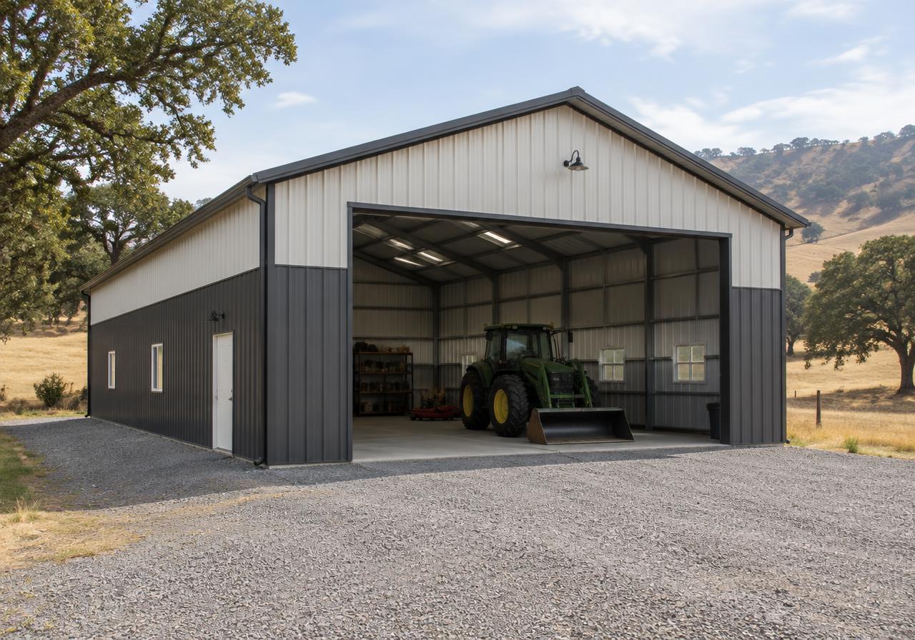 Representative steel agricultural storage building with a tractor inside an open bay