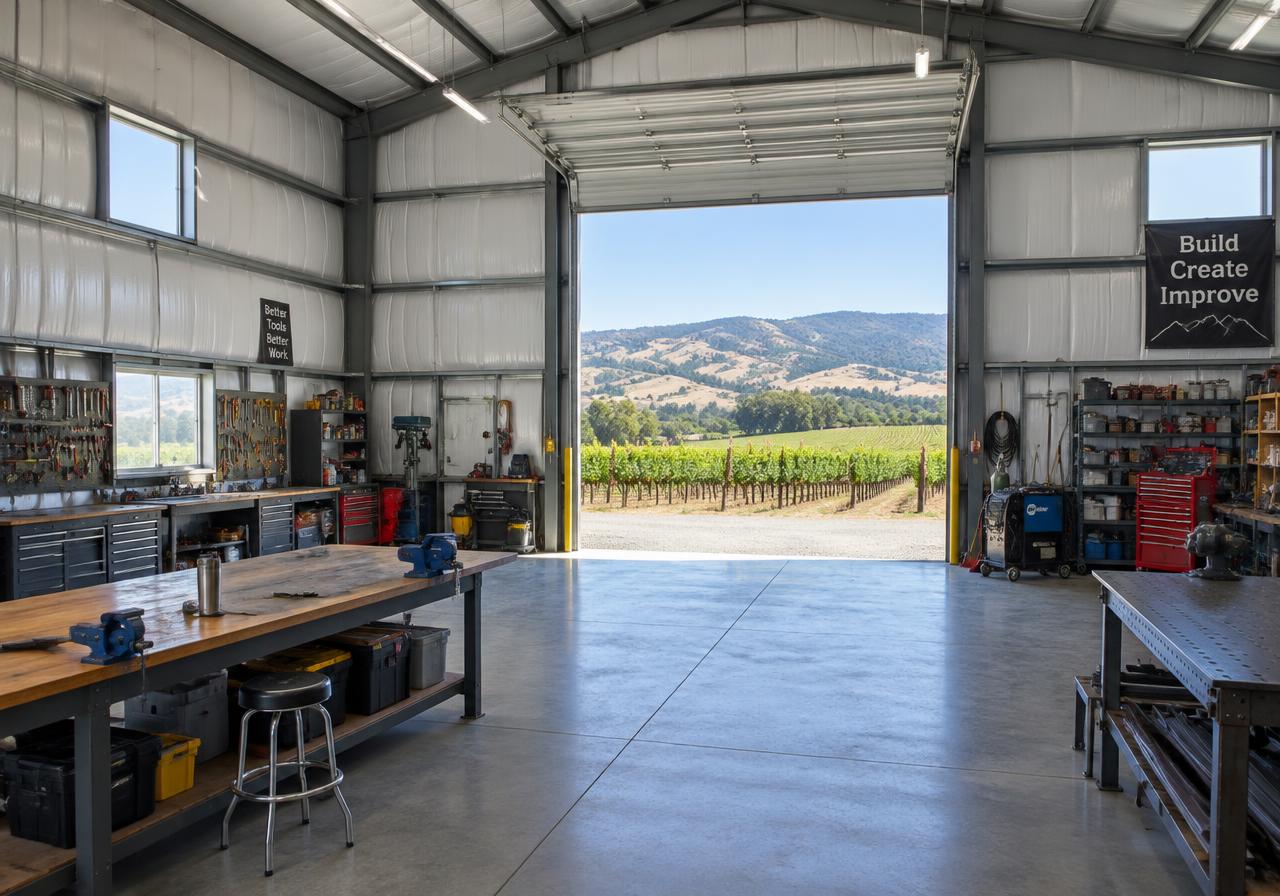 Spacious steel workshop interior with workbenches and open door